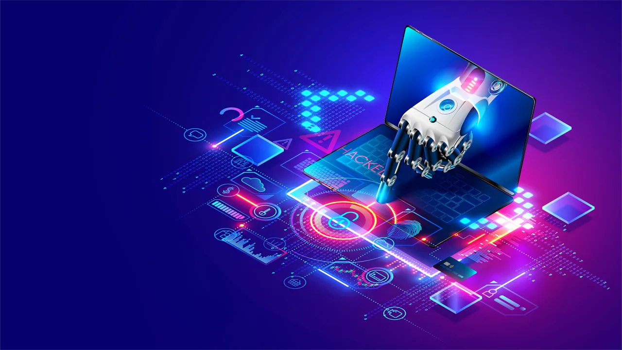 A digital illustration of an AI breaking out of a laptop A digital illustration of an AI breaking out of a laptop