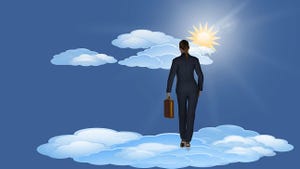 Business woman suspended on the clouds towards the bright future of success in economics and finance.