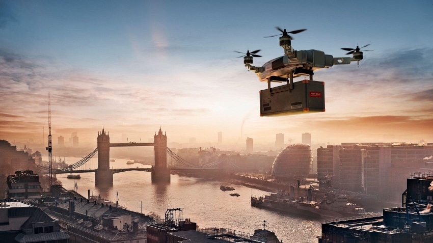 Drone delivery package over London, UK