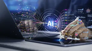 An IT executive works on a tablet, with an overlay of an AI schematic An IT executive works on a tablet, with an overlay of an AI schematic