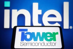Tower Semiconductor logo is seen on a smartphone screen with the Intel logo in the background