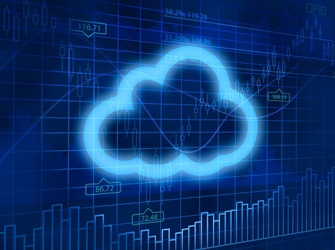 digital outline of a cloud with financial symbols surrounding it