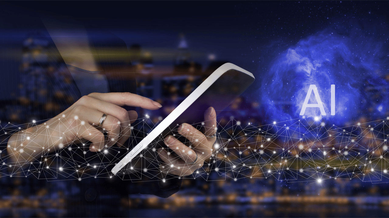 A hand touches white tablet with a digital AI sign on a dark blurred background. A hand touches white tablet with a digital AI sign on a dark blurred background.