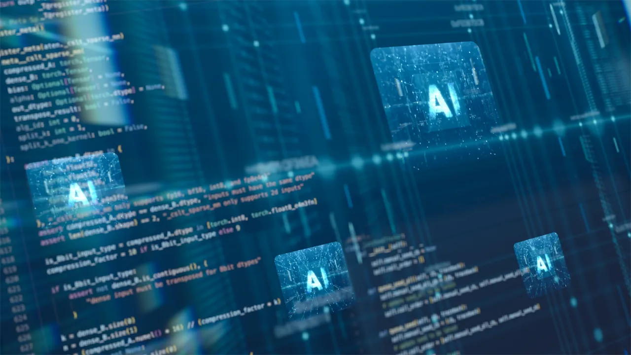 Graphic showing computer code on a digital screen, representing AI, machine learning and software development technology Graphic showing computer code on a digital screen, representing AI, machine learning and software development technology