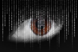 An eye with a brown pupil against a background of a dark cloud and white numbers. Darknet concept.