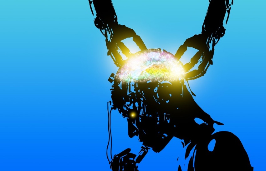 Silhouette of robot hands assemble a colorful brain for another robot against a bright blue background. 