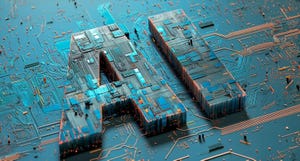 AI rendered in vibrant copper circuits on a turquoise motherboard, symbolizing the melding of artificial intelligent technology with intellect
