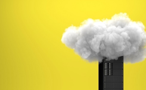 physical building leading to cloud against yellow backdrop