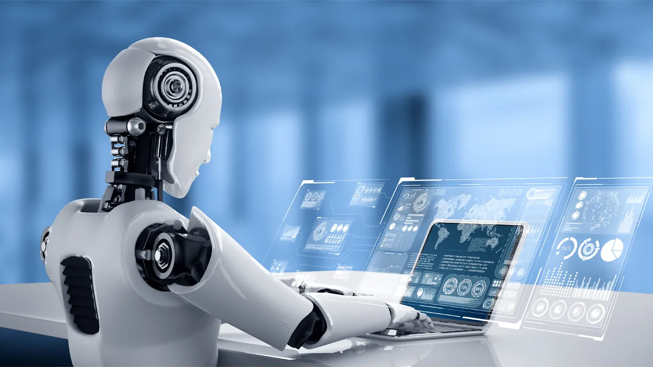 A robot looks at illustrations of data. A robot looks at illustrations of data.