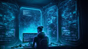 A digitized woman works in front of four virtual screens A digitized woman works in front of four virtual screens