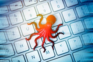 Octopus figurine on computer keyboard, data leech