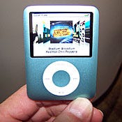 The iPod Nano gets an overhaul in Apple's upgrade of the product line. The device, which sports a 2-inch screen, is a bit wider, but considerably shorter, than the original.