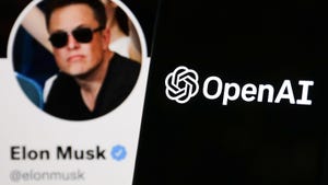 OpenAI logo displayed on a phone screen and Elon Musk's Twitter account displayed on a screen in the background.