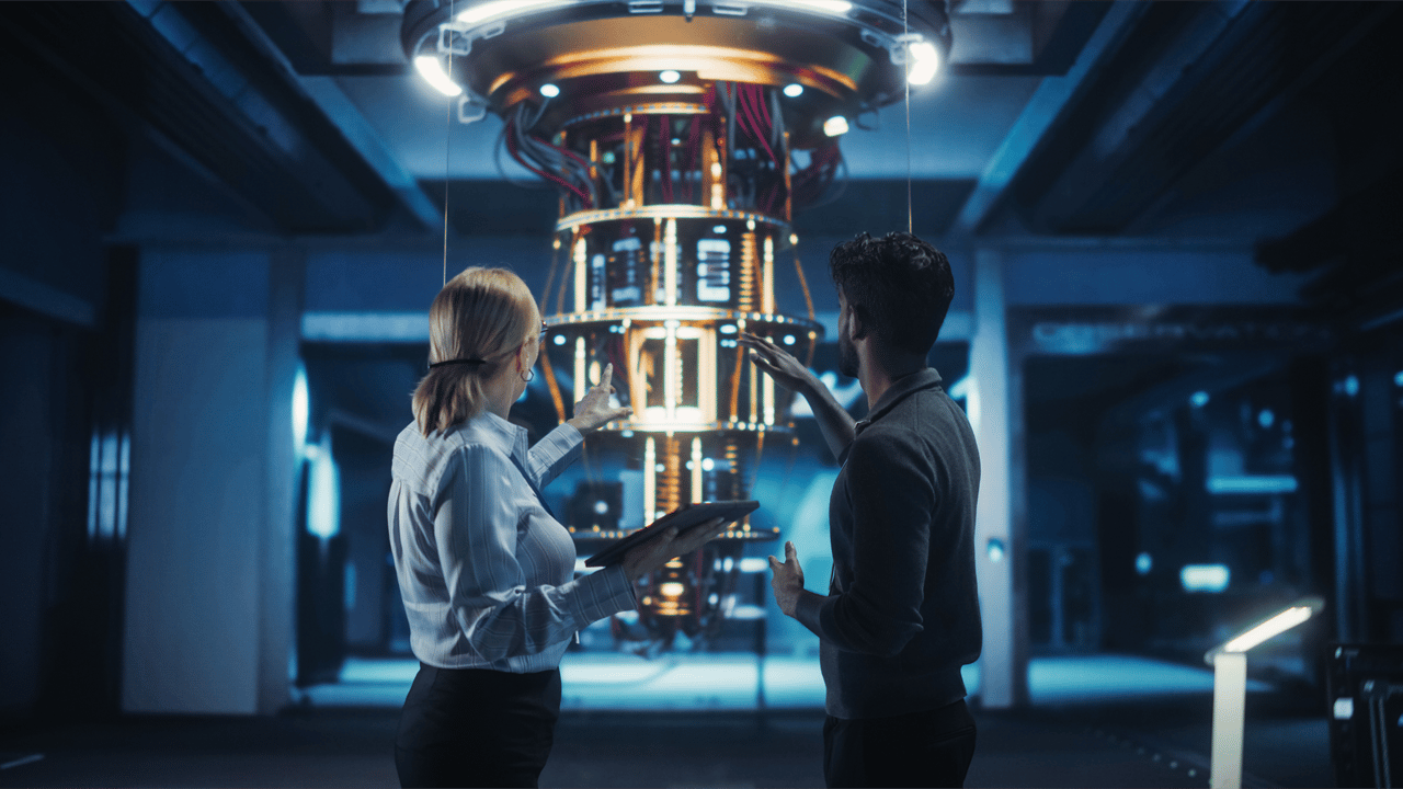 An IT team leader talks with a scientist in a research center with a futuristic quantum computer device An IT team leader talks with a scientist in a research center with a futuristic quantum computer device