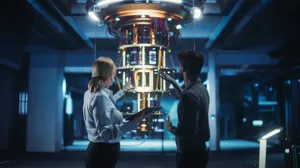 An IT team leader talks with a scientist in a research center with a futuristic quantum computer device An IT team leader talks with a scientist in a research center with a futuristic quantum computer device