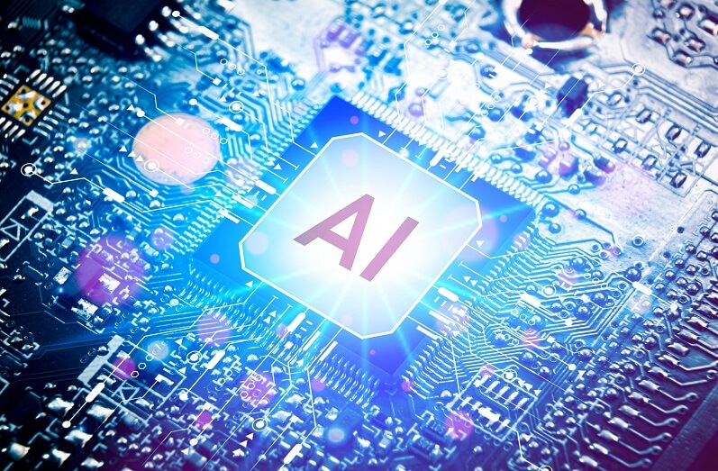 Close up of microprocessor with AI interface glowing on mainboard electronic computer background