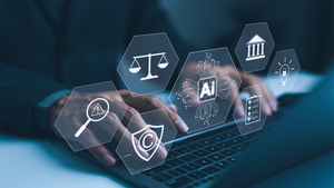 Hand typing on laptop with digital icons representing artificial intelligence, legal standard, ethics and regulations Hand typing on laptop with digital icons representing artificial intelligence, legal standard, ethics and regulations