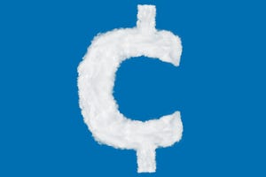 Cent symbol (¢) made of clouds on blue background