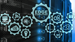 Diagram of edge computing features with a server room background Diagram of edge computing features with a server room background
