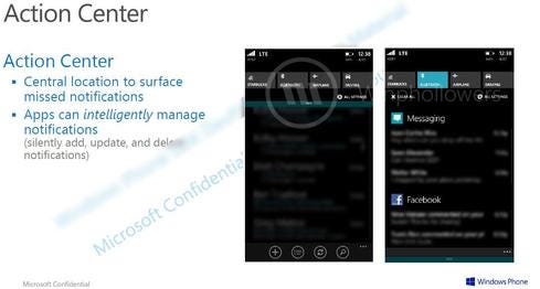 A screenshot displays an 'Action Center' Microsoft will allegedly debut with Windows Phone 8.1.(Source: Winphollowers)