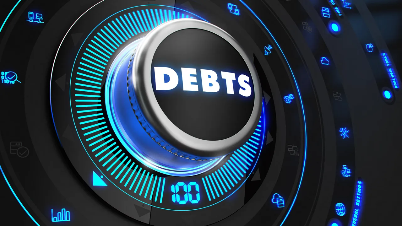 Debts button with glowing blue lights. Debts button with glowing blue lights.