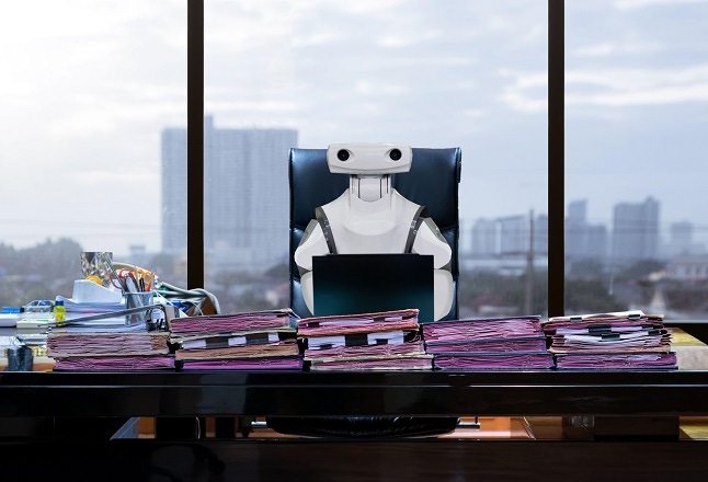 Robot sitting at a desk looking like a boss