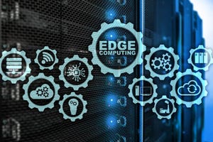 EDGE COMPUTING on modern server room background. Information technology and business concept for resource intensive distributed computing services.