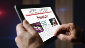 Deepfake AI disinformation fake news and misinformation daily newspaper reading on mobile tablet computer screen.