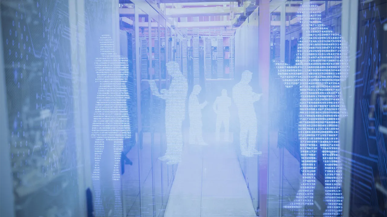 Image of data center against shiny silhouettes on blue background Image of data center against shiny silhouettes on blue background