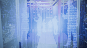 Image of data center against shiny silhouettes on blue background Image of data center against shiny silhouettes on blue background