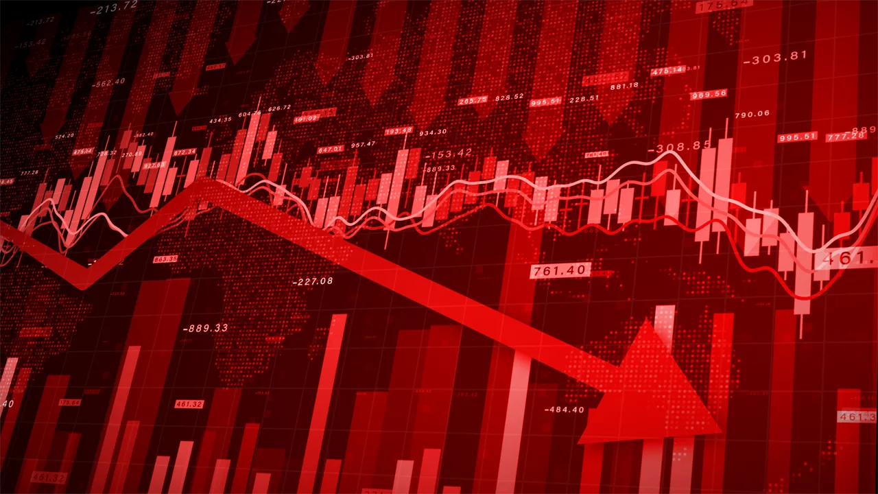 An illustration depicts falling stock prices, with a red declining arrow An illustration depicts falling stock prices, with a red declining arrow