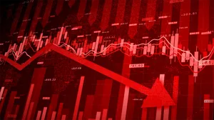 An illustration depicts falling stock prices, with a red declining arrow An illustration depicts falling stock prices, with a red declining arrow