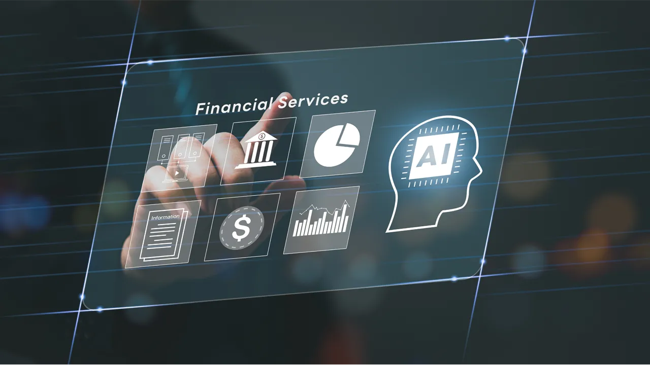 A finger hovers over a digital display of banking and AI icons A finger hovers over a digital display of banking and AI icons