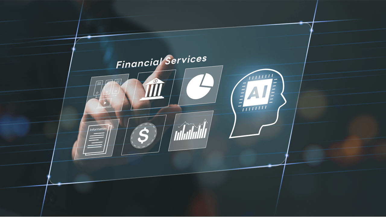 A finger hovers over a digital display of banking and AI icons A finger hovers over a digital display of banking and AI icons