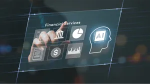 A finger hovers over a digital display of banking and AI icons A finger hovers over a digital display of banking and AI icons