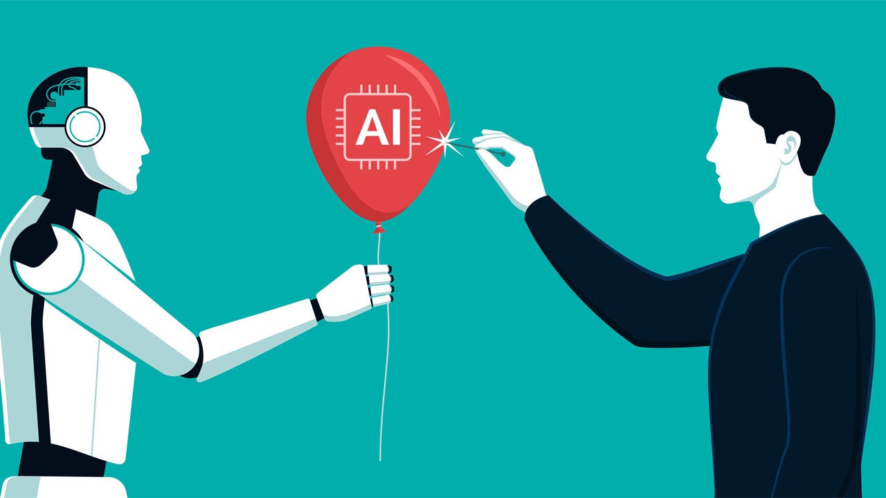 A robot and a human pop an AI bubble A robot and a human pop an AI bubble