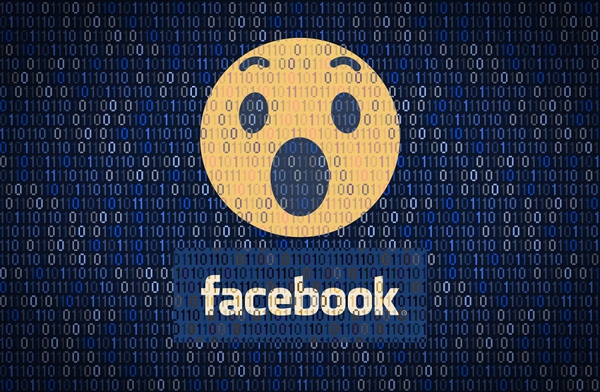 Shocked yellow smiley face and facebook logo in front of blue background and binary code 