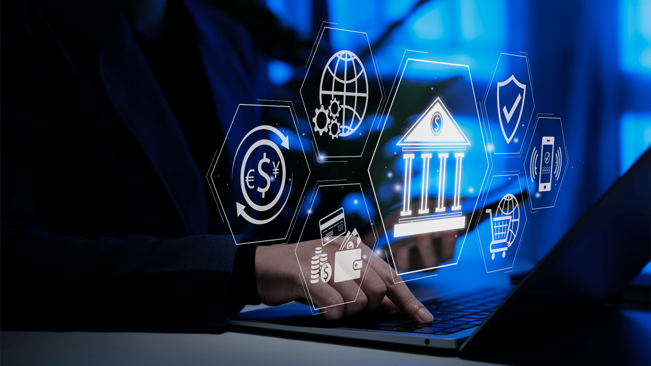A digital illustration of a user at a laptop, overlaid with digital images representing banking and finance A digital illustration of a user at a laptop, overlaid with digital images representing banking and finance