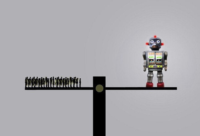 people and a robot on different sides of a seesaw depicting the balance of artificial intelligence and society