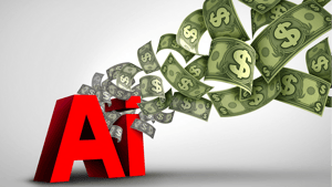 The letters 'AI' are depicted in red, with dollar bills flying away from the letters The letters 'AI' are depicted in red, with dollar bills flying away from the letters