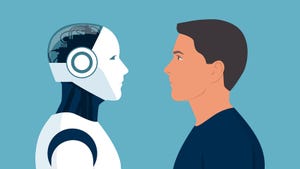 Machine vs human: AI robot and man facing each other.
