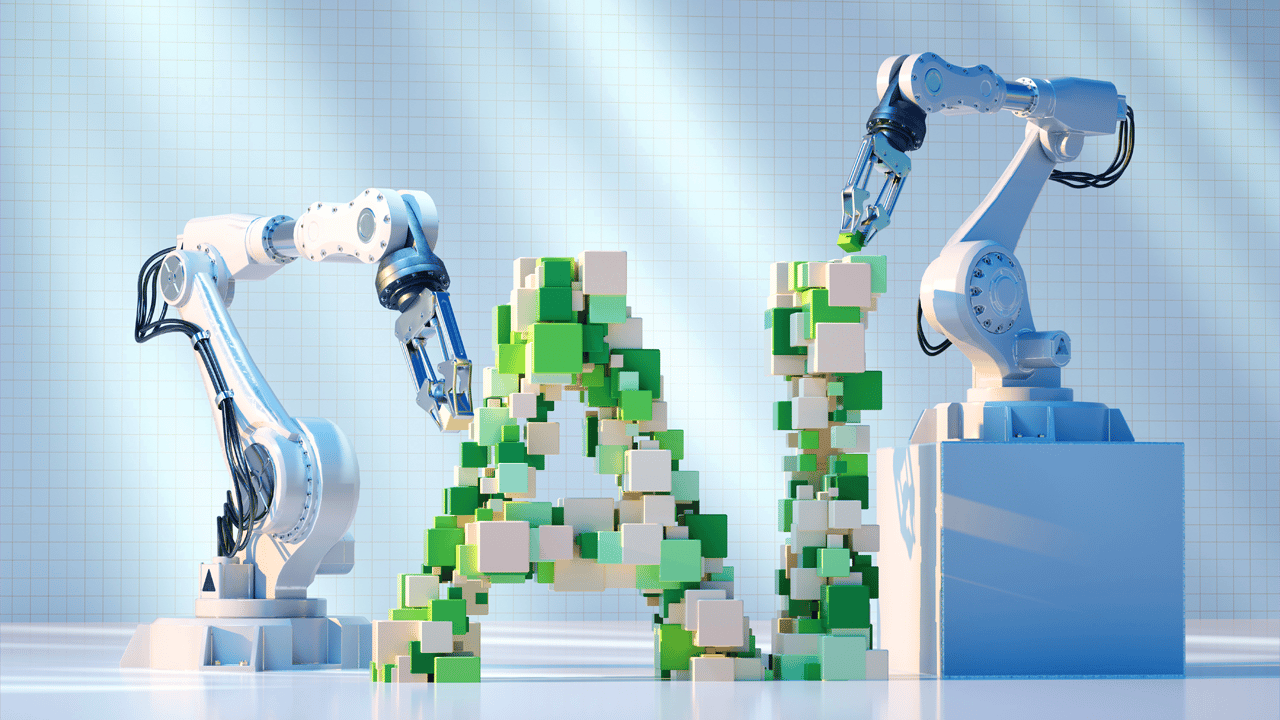Digital generated image of robotic arm building blocks and forming AI sign on white background. Digital generated image of robotic arm building blocks and forming AI sign on white background.