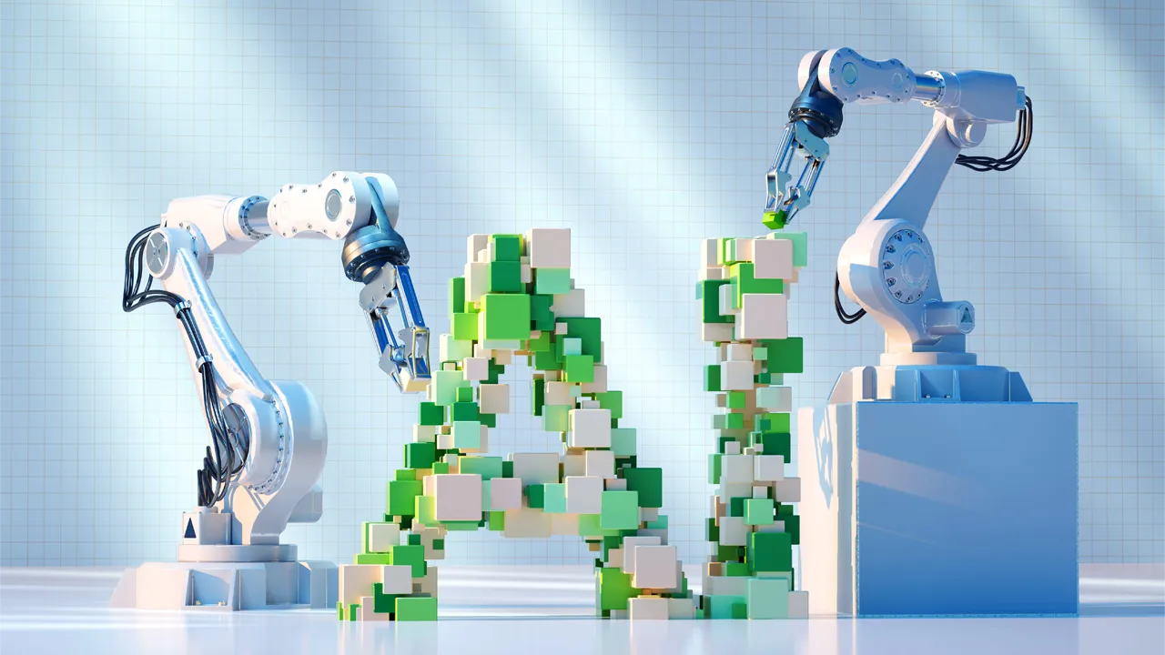 Digital generated image of robotic arm building blocks and forming AI sign on white background. Digital generated image of robotic arm building blocks and forming AI sign on white background.