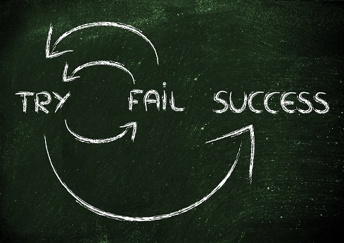 chalkboard with writing: try, fail, try, success