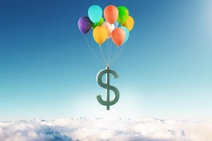 dollar sign lifted by balloons in a slightly cloudy sky