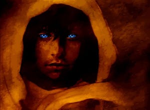 Illustration of a young man with blue eyes dressed with a tunic in an homage to Herbert's novel Dune.