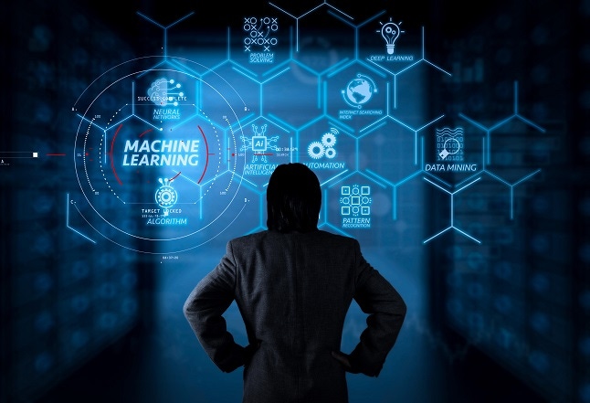 Machine learning technology diagram with artificial intelligence (AI), neural network, automation,data mining in VR screen