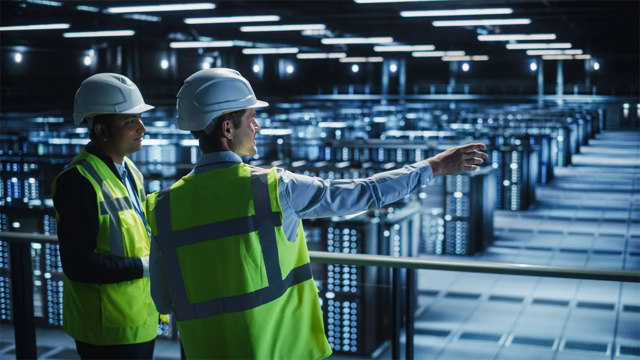 Two workers overlook a data center Two workers overlook a data center