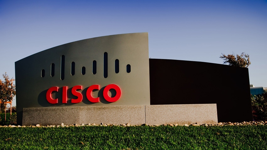 Frontal view of Cisco sign in Milpitas, California
