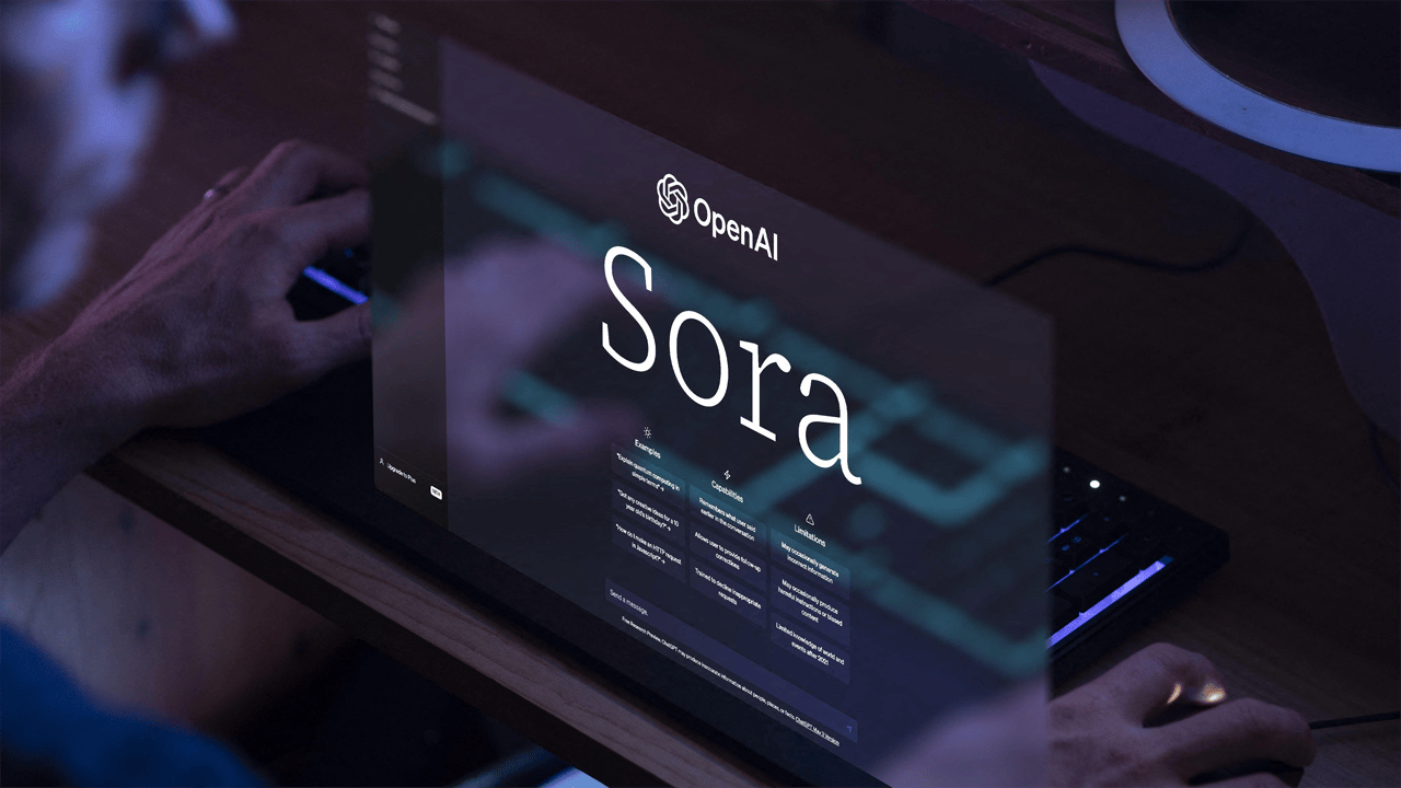 A picture of two hands at a keyboard, with an image of an OpenAI Sora screen. A picture of two hands at a keyboard, with an image of an OpenAI Sora screen.